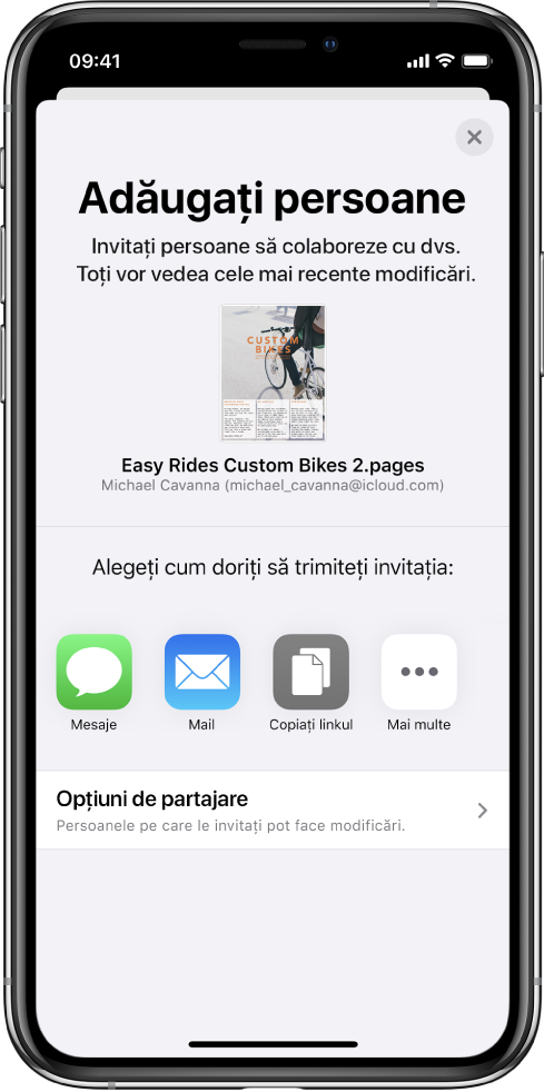 Ecranul de adăugare a persoanelor afișând imaginea documentului de partajat. Dedesubt se află butoane pentru metodele de trimitere a invitației, inclusiv Mesaje și Mail, Copiați linkul și Altele. În partea de jos se află butonul Opțiuni de partajare.