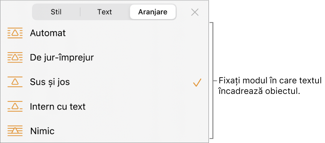 Comenzile de Aranjare, cu configurări pentru Automat, De jur-împrejur, Sus și jos, Intern cu text și Nimic.