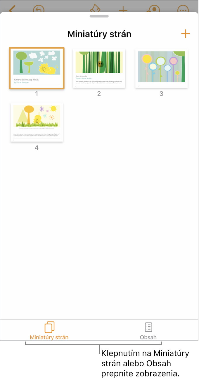 Zobrazenie Miniatúry strán s miniatúrami jednotlivých strán. Tlačidlá Miniatúry strán a Obsah sa nachádzajú v dolnej časti obrazovky.