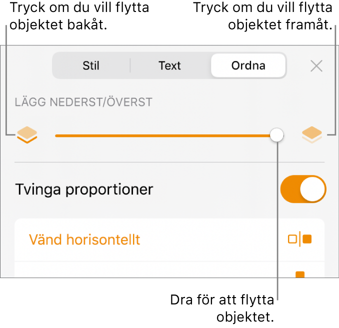 Knappen för att flytta bakåt, knappen för att flytta framåt och lagerreglaget.