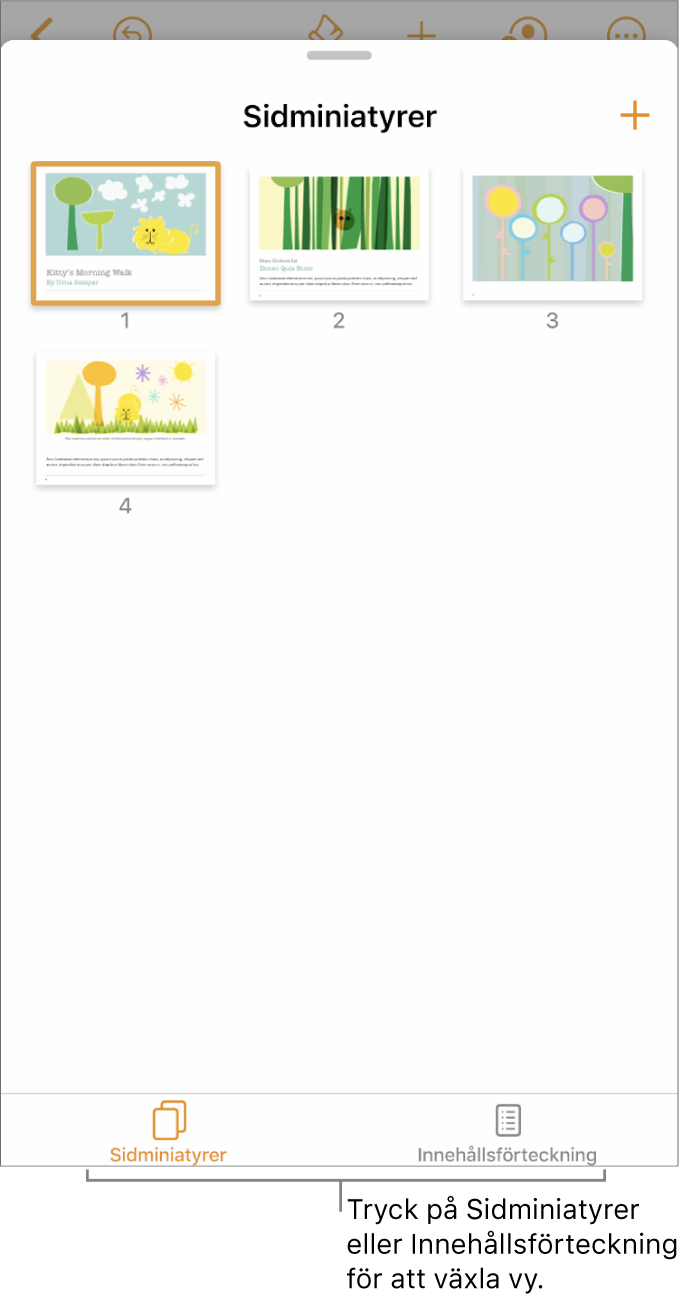 Sidminiatyrvyn med sidminiatyrer för varje sida. Längst ned på skärmen finns knapparna Sidminiatyrer och Innehållsförteckning.