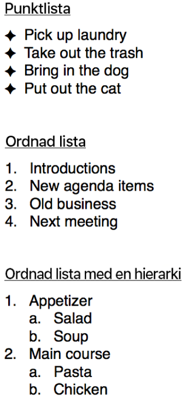 Exempel på listor med punkter, ordnade listor och listor ordnade hierarkiskt.