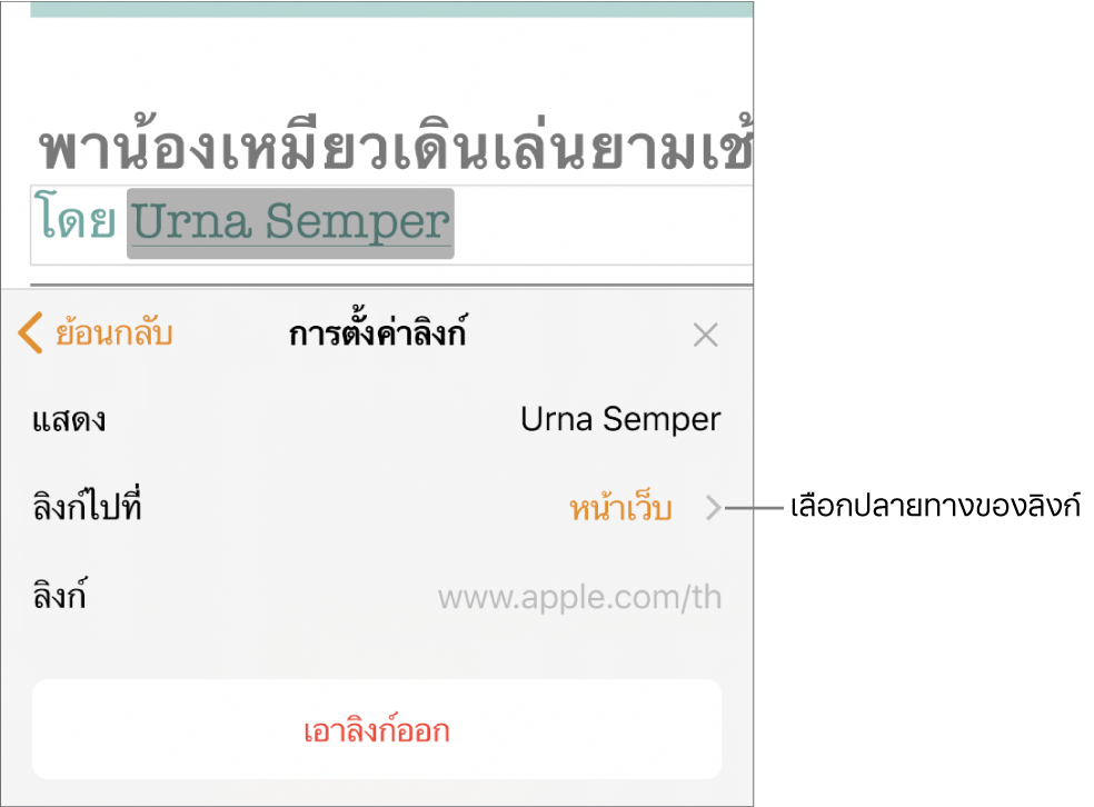 ตัวควบคุมการตั้งค่าลิงก์ที่มีช่องการแสดงผล ลิงก์ไปที่ (ตั้งค่าเป็นหน้าเว็บ) และช่องลิงก์ ปุ่มเอาลิงก์ออกอยู่ด้านล่างสุดของตัวควบคุม