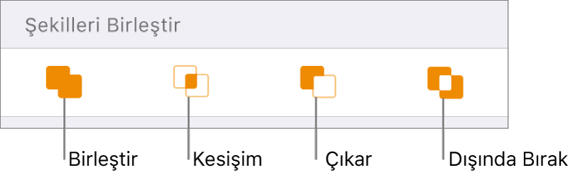 Şekilleri Birleştir’in altındaki Birleştir, Kesişim, Çıkar ve Hariç Tut düğmeleri.