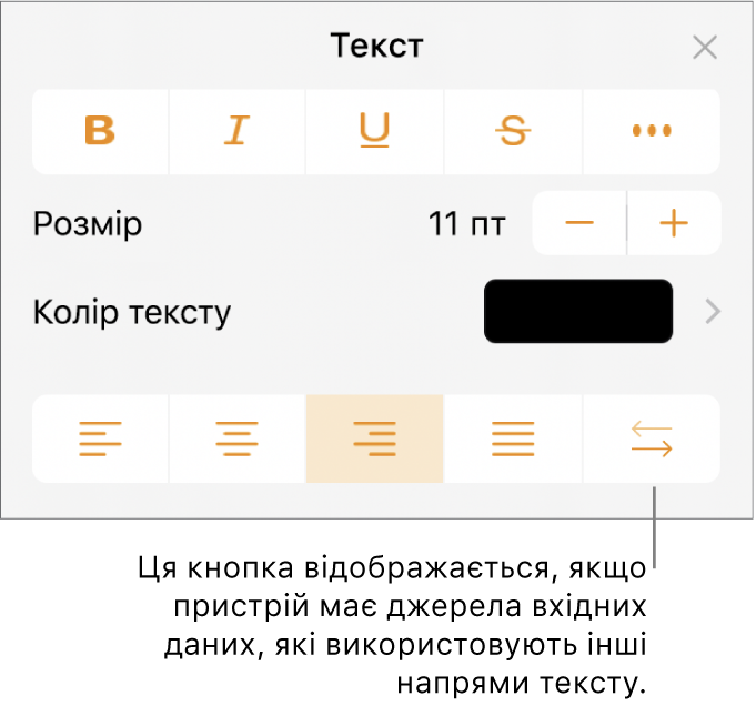 Елементи керування текстом в меню «Формат» з виноскою на кнопку «Справа наліво».