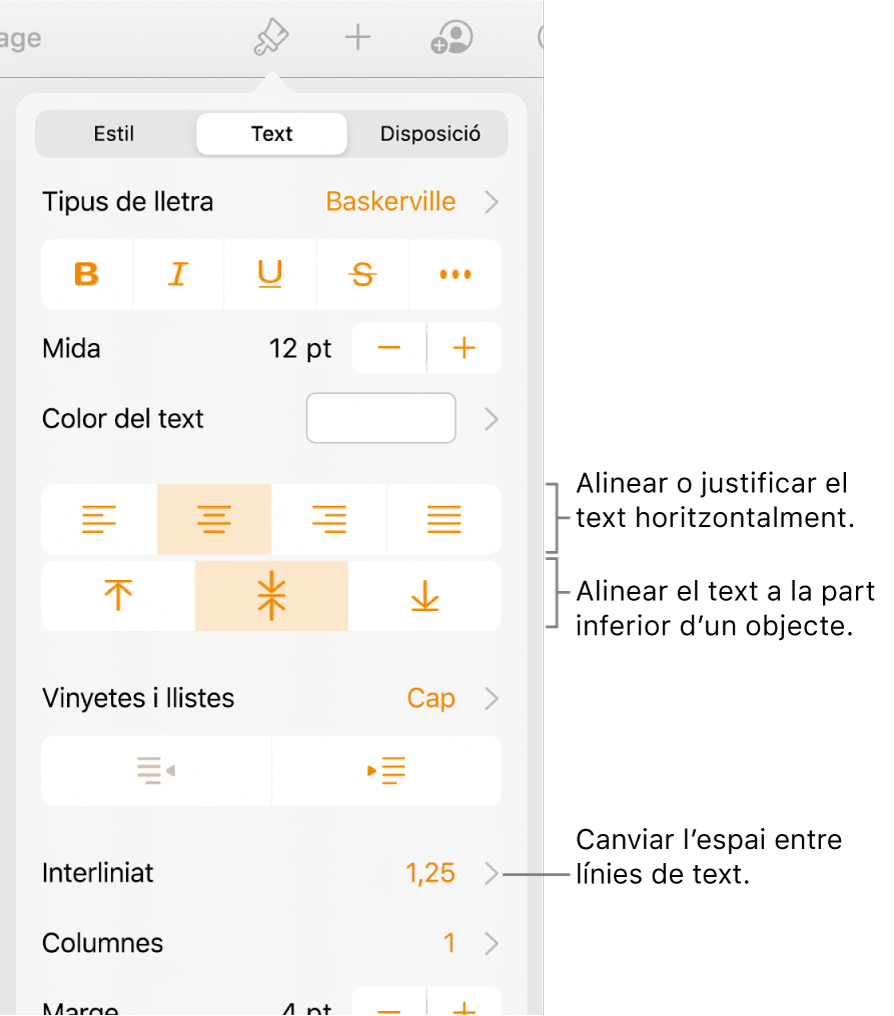 La secció Disposició, amb llegendes per als botons d’alineació i d’espaiat del text.