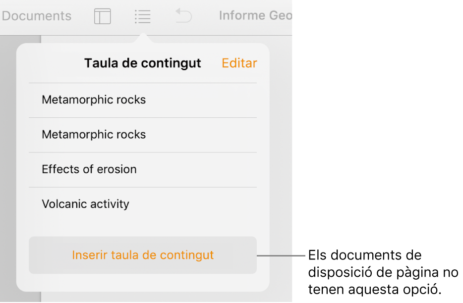 La vista “Taula de continguts” amb Editar a l’angle superior esquerre, entrades de la taula de contingut i el botó “Inserir taula de contingut” a la part inferior.
