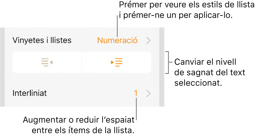 Els controls de format, amb referències al menú “Vinyetes/llistes”, botons de sagnat i controls de l’interlineat.