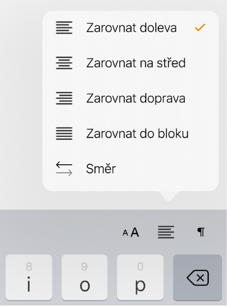 Formátovací panel s ovládacími prvky pro odsazení textu a zarovnání odstavců