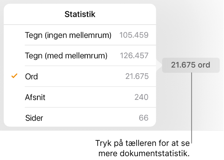 Ordoptællingen med et vindue, der indeholder mulighederne til at vise antal tegn uden og med mellemrum, antal ord, antal afsnit og antal sider.