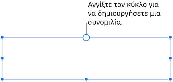 Ένα κενό πλαίσιο κειμένου με έναν λευκό κύκλο στο πάνω μέρος και λαβές αλλαγής μεγέθους στις γωνίες, στο πλάι και στο κάτω μέρος.