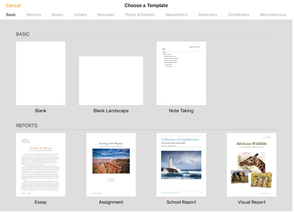 The template chooser, showing pre-designed templates you can use to begin creating documents.