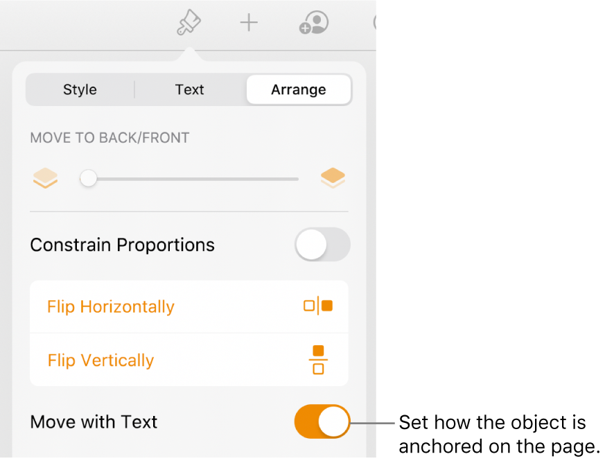 The Arrange controls with Move to Back/Front, Move with Text and Text Wrap.