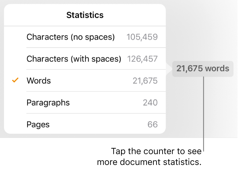 The word counter with a pop-over showing options to show the number of characters with and without spaces, word count, paragraph count and page count.