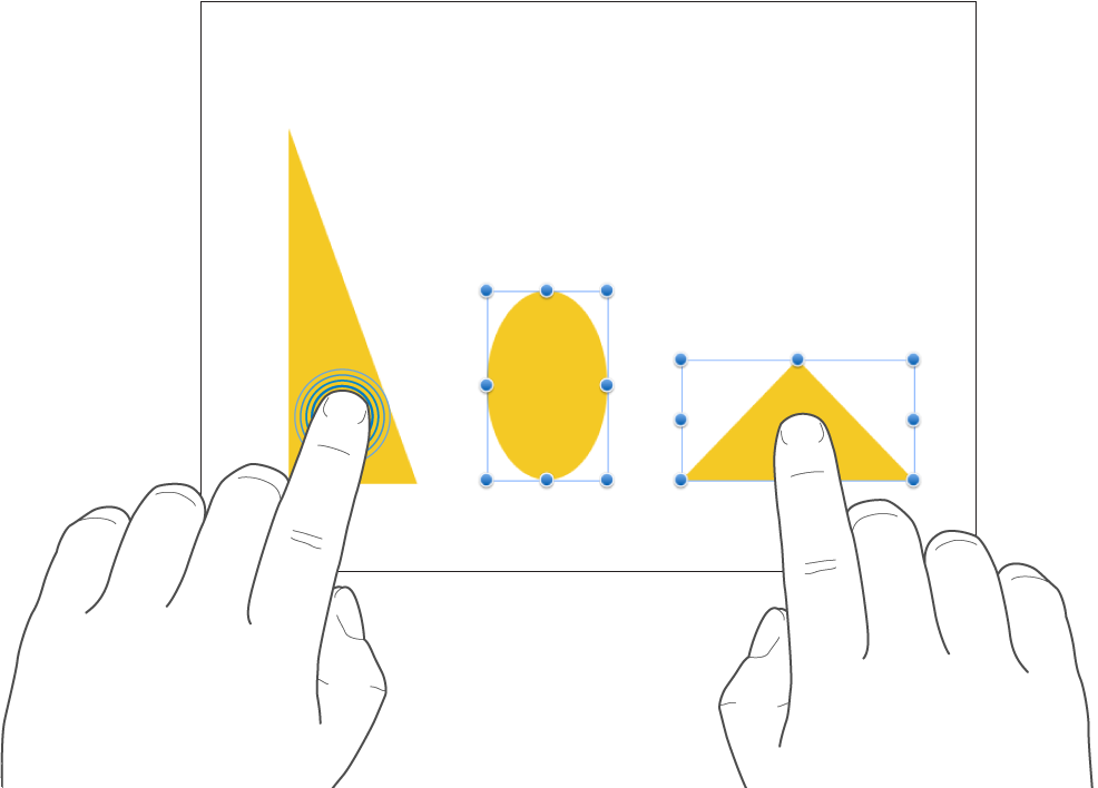 One finger pressing an object while a second finger taps another object.