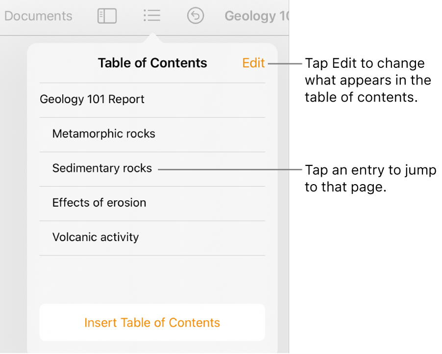 The table of contents view with entries in a list. The Edit button is at the top-right corner of the popover.