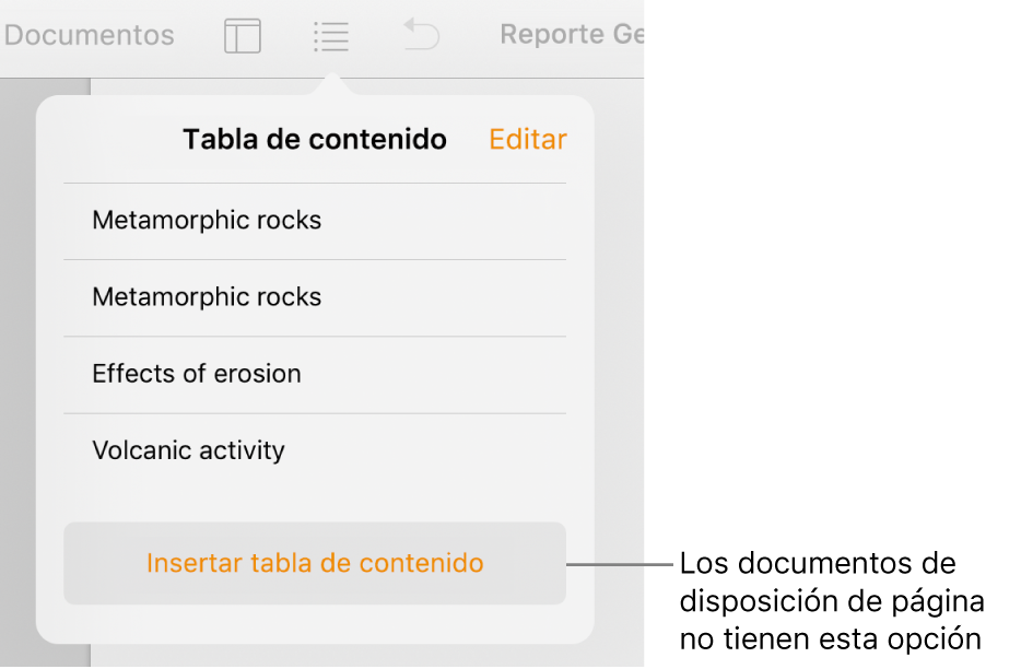 La visualización de la tabla de contenido con Editar en la esquina superior izquierda, las entradas de la tabla de contenido, y el botón Insertar tabla de contenido en la parte inferior.
