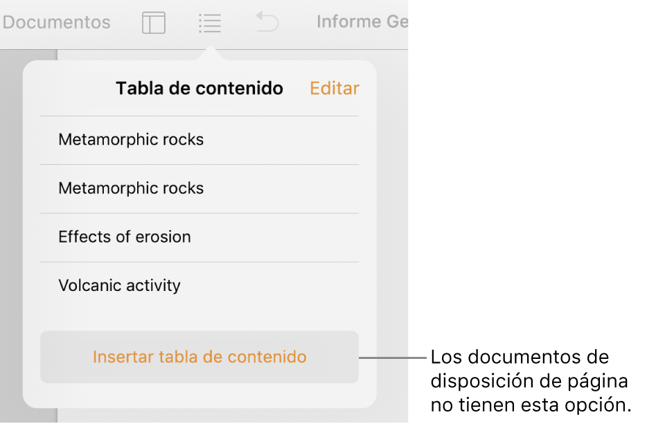La visualización de la tabla de contenido con Editar en la esquina superior izquierda, entradas de tabla de contenido y el botón “Insertar tabla de contenido” en la parte inferior.