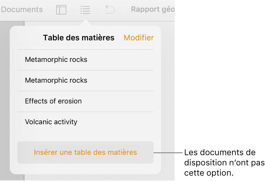 La présentation de la table des matières avec Modifier dans le coin supérieur gauche, les entrées et le bouton Insérer une table des matières au bas.