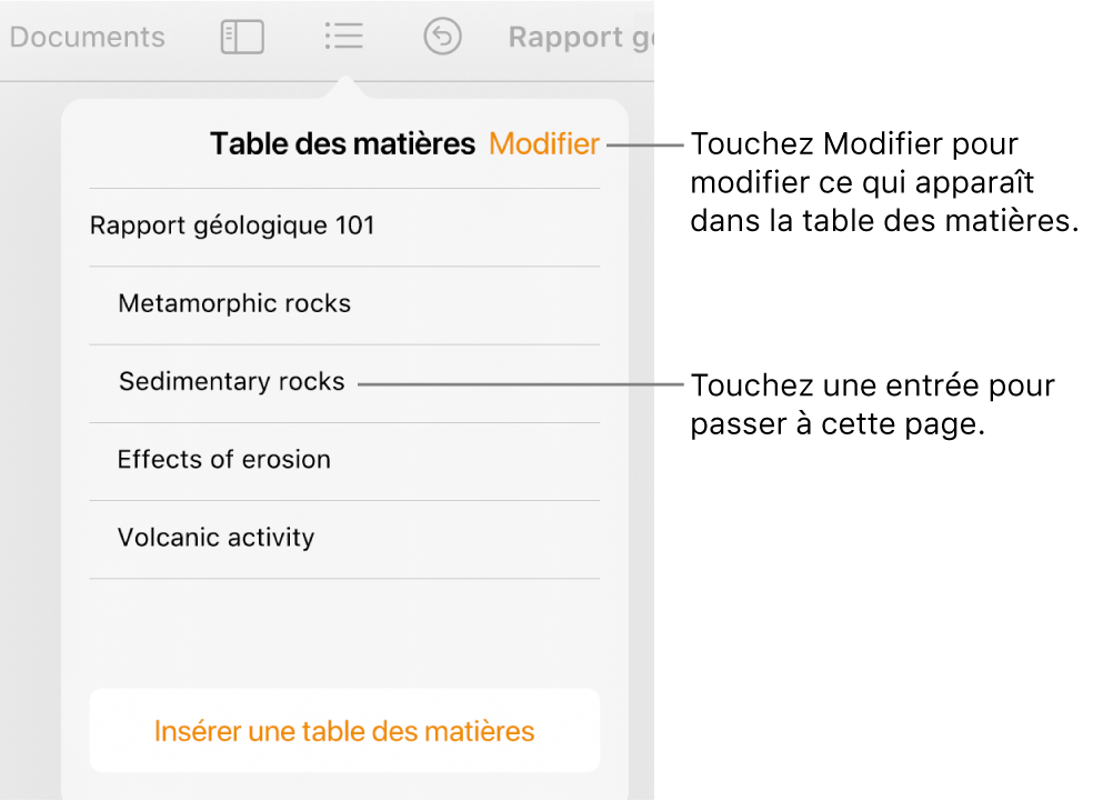 La présentation de la table des matières avec les entrées sous forme de liste. Le bouton Modifier se trouve dans le coin supérieur droit de la fenêtre contextuelle.