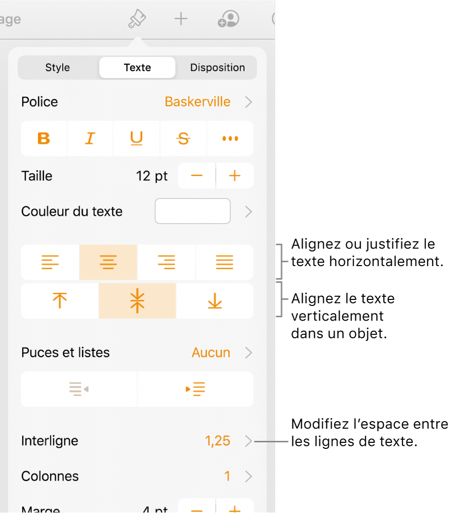 La sous-fenêtre Disposition avec les légendes des boutons d’alignement et d’espacement de texte.