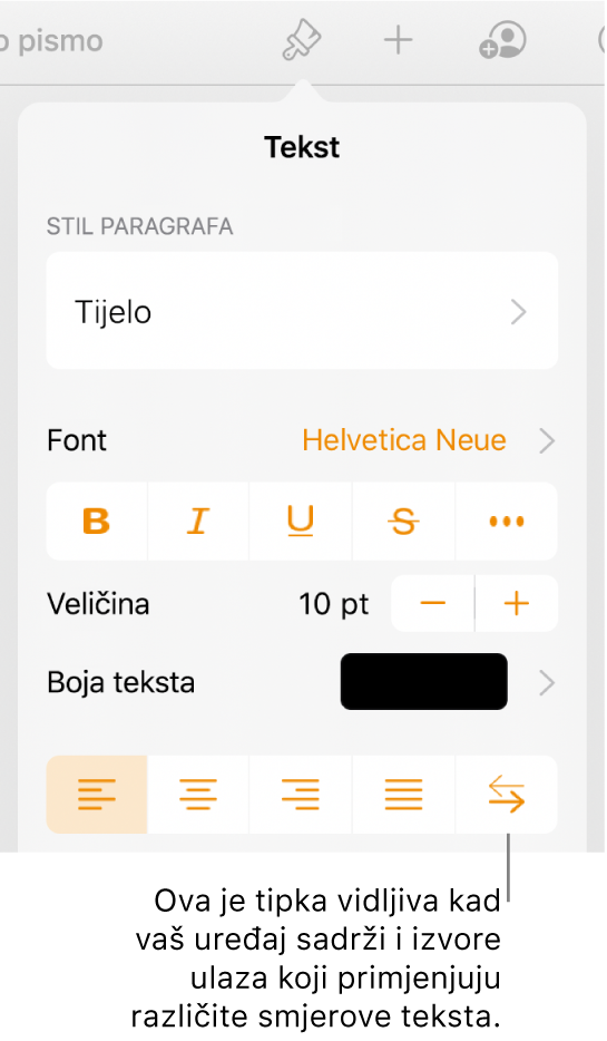 Kontrole teksta na izborniku Formatiraj s oblačićem koji pokazuje na tipku S desna na lijevo.