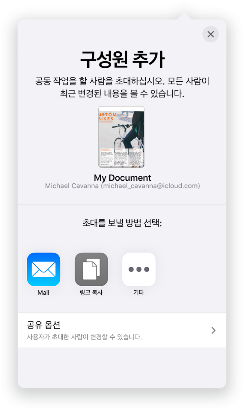 공유할 문서의 그림이 표시된 구성원 추가 화면. 그 아래에는 Mail, 링크 복사 및 기타를 포함하여 초대를 보내는 방식에 대한 버튼이 있습니다. 하단에 공유 옵션 버튼이 있습니다.