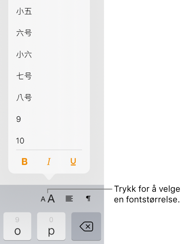 Fontstørrelse-knappen på høyre side av iPad-tastaturet, med Fontstørrelse-menyen åpen. Fontstørrelsene som kinesiske myndigheter har satt som standard, vises øverst i lokalmenyen med punktstørrelser nedenfor.