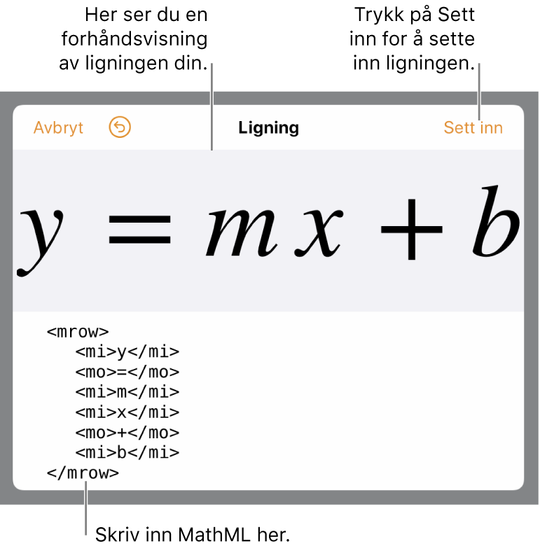 MathML-kode for en ligning for stigningen til en linje, og en forhåndsvisning av formelen ovenfor.