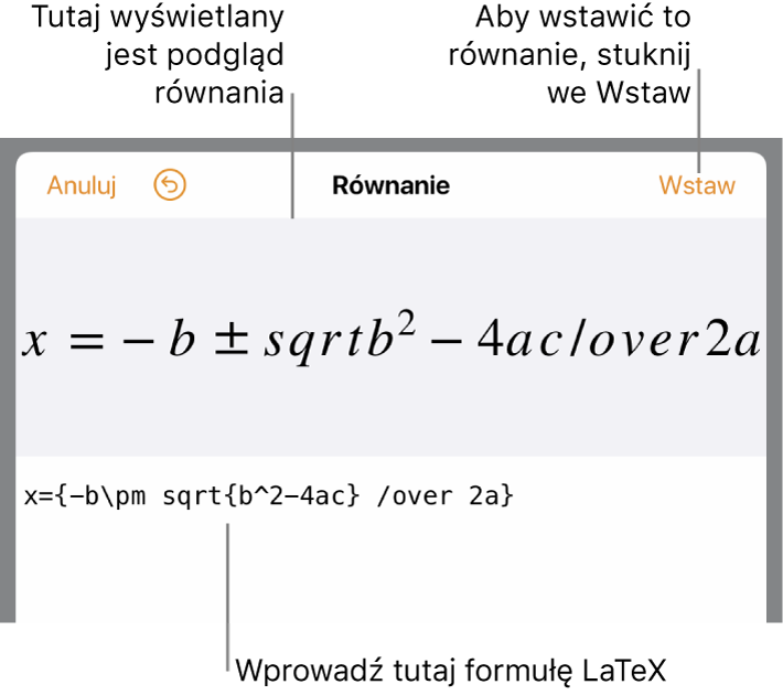Równanie kwadratowe zapisane w polu Równanie przy użyciu języka LaTeX oraz podgląd tego równania poniżej.