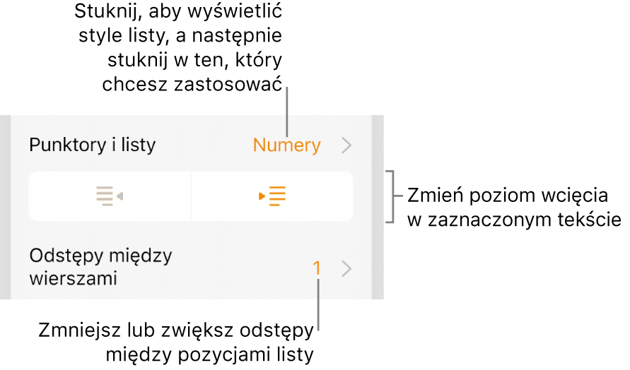 Sekcja Punktory i listy w narzędziach Format. Objaśnienia wskazują przyciski Punktory i listy, Wysunięcie oraz Wcięcie, a także narzędzia odstępów między wierszami.