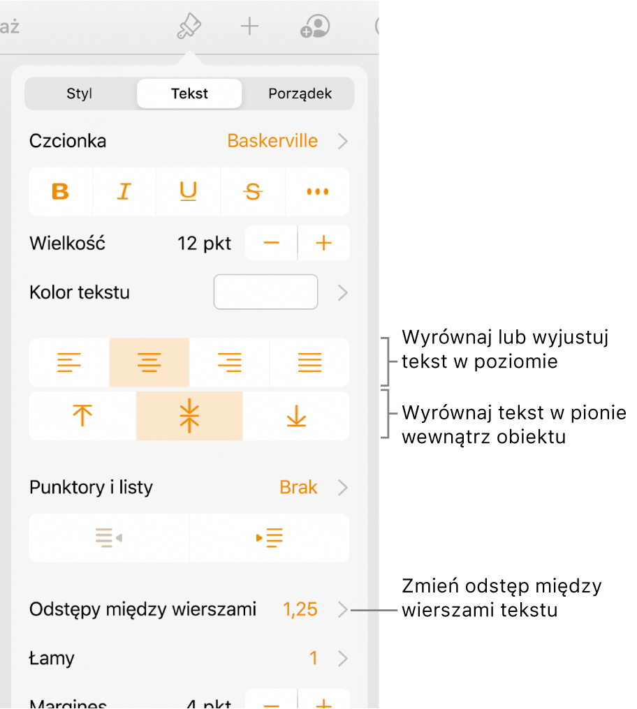 Panel Makieta z opisami wskazującymi przyciski wyrównania i odstępów tekstu.