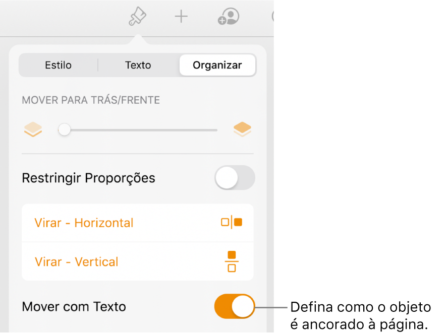Controles em Organizar, com “Mover para Trás/Frente”, “Mover com Texto” e “Ajuste de Texto”.