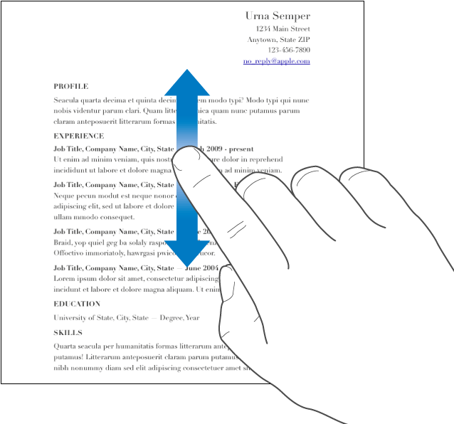 Passagem com um dedo para cima e para baixo num documento.