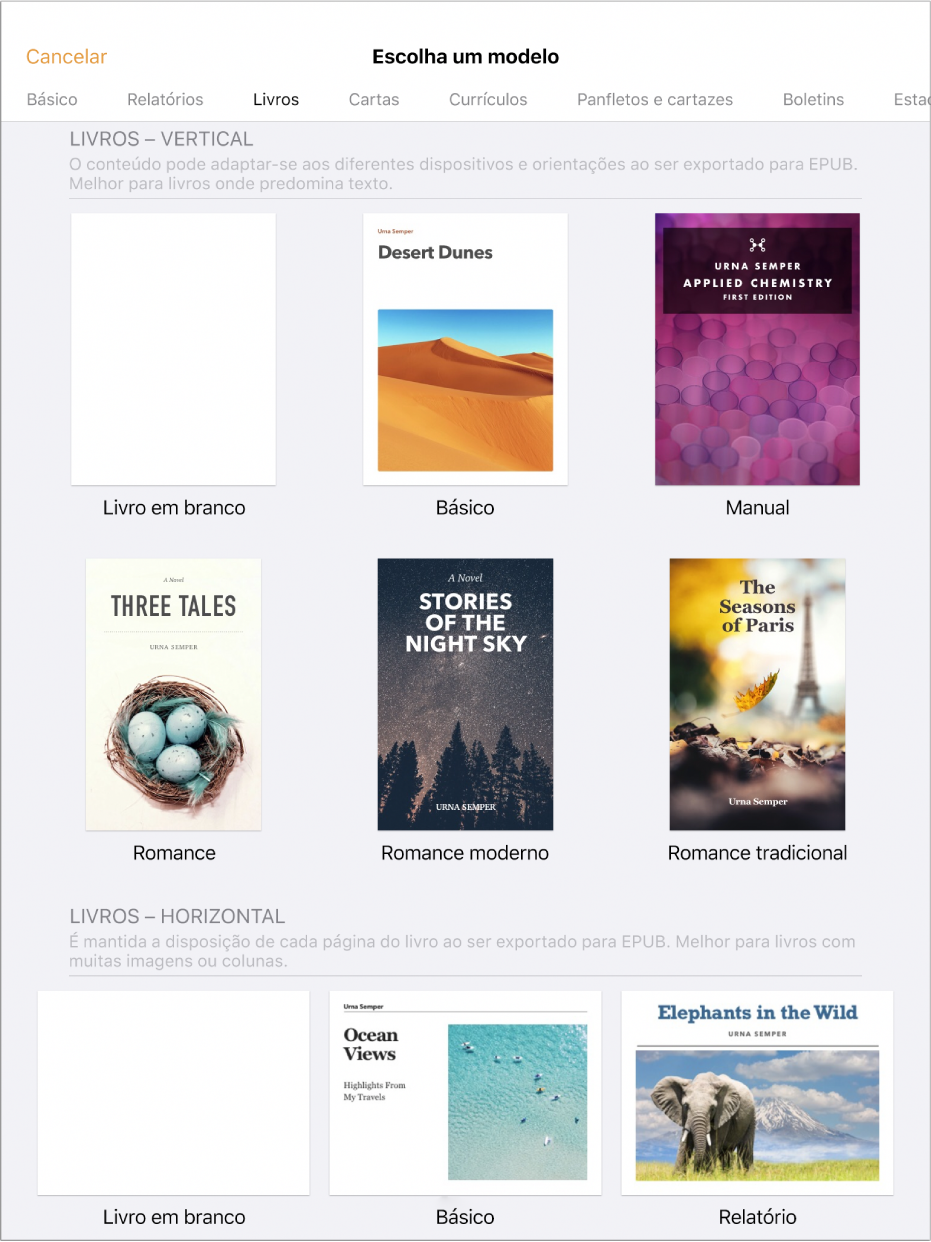 A lista de modelos com os modelos de livro na orientação vertical na parte superior e a orientação horizontal por baixo. Um botão “Mostrar categorias” no canto superior direito.