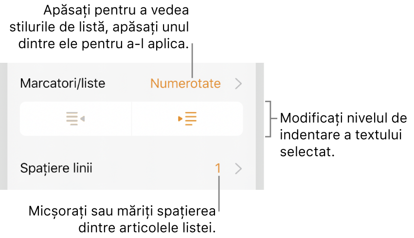 Comenzile Format cu explicații pentru meniul Marcatori și liste, butoane de indentare și comenzi pentru spațierea liniilor.