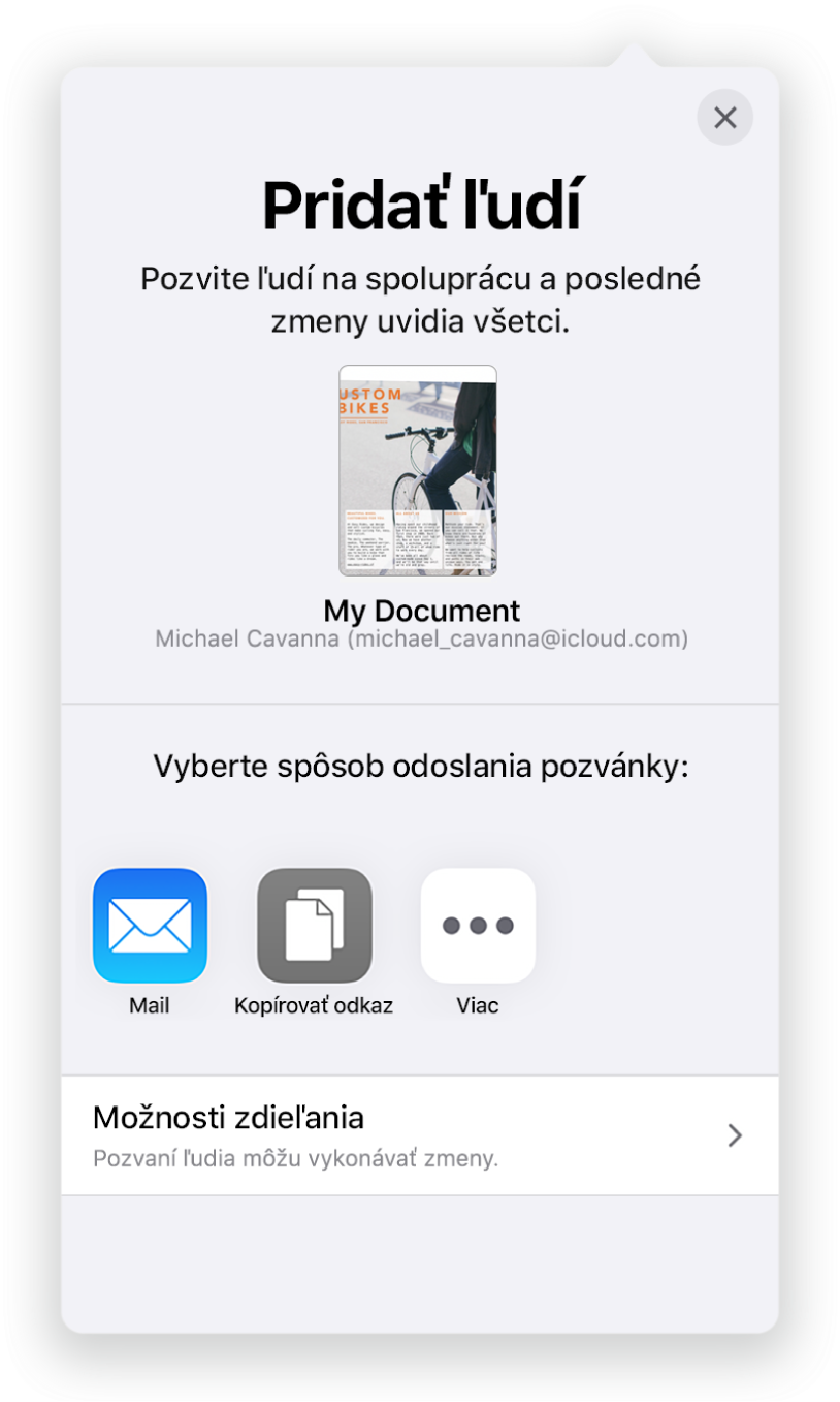 Obrazovka Pridať ľudí znázorňujúca obrázok dokumentu, ktorý sa má zdieľať. Pod ním sú tlačidlá s možnosťami odoslania pozvánky, vrátane apiek Mail, možnosti Kopírovať odkaz a Viac. V spodnej časti je tlačidlo Možnosti zdieľania.