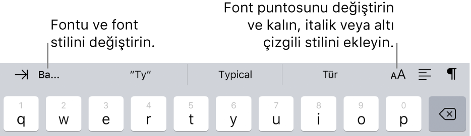 Soldan itibaren girinti, font, üç tahmini metin alanı, font puntosu, hizalama ve ekleme ile başlayan, klavyenin üst kısmındaki metin biçimleme düğmeleri.