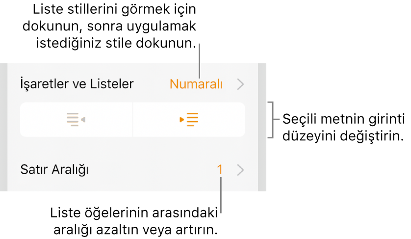 Madde İşaretleri ve Listeler, çıkıntı ve girinti düğmeleri ve de satır aralığı denetimlerini gösteren belirtme çizgileri ile Biçim denetimlerinin Madde İşaretleri ve Listeler bölümü.