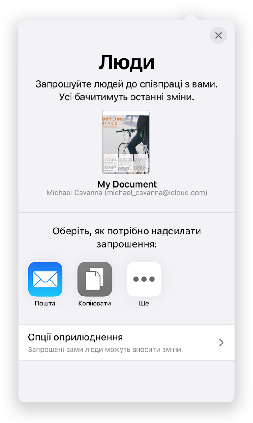 Екран «Додати людей» і зображення документа, який буде в спільному доступі. Нижче показано кнопки, за допомогою яких можна надіслати запрошення, зокрема «Пошта», «Скопіювати посилання» та «Більше». Внизу розташовано кнопку «Опції спільного доступу».