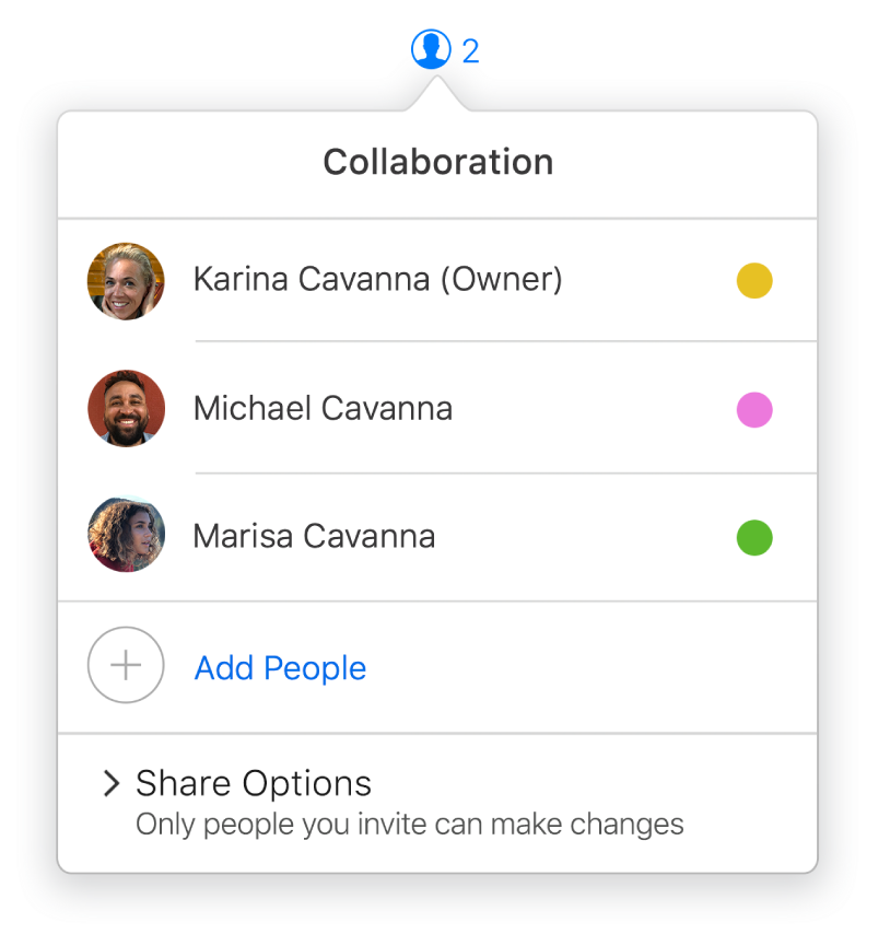 The Collaboration menu showing the names of people collaborating on the presentation. Share options are below the names.