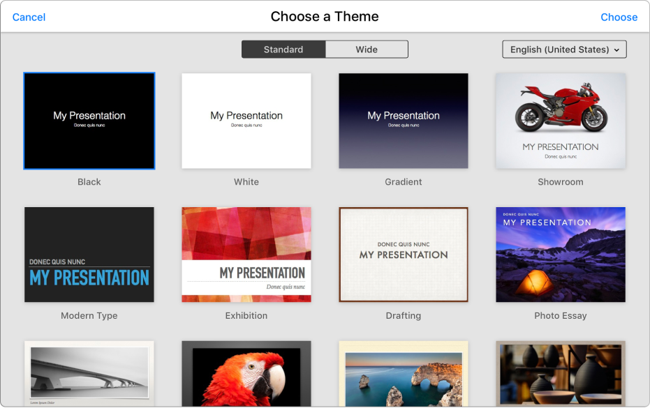 The theme chooser showing several template thumbnails. The Black theme is selected.