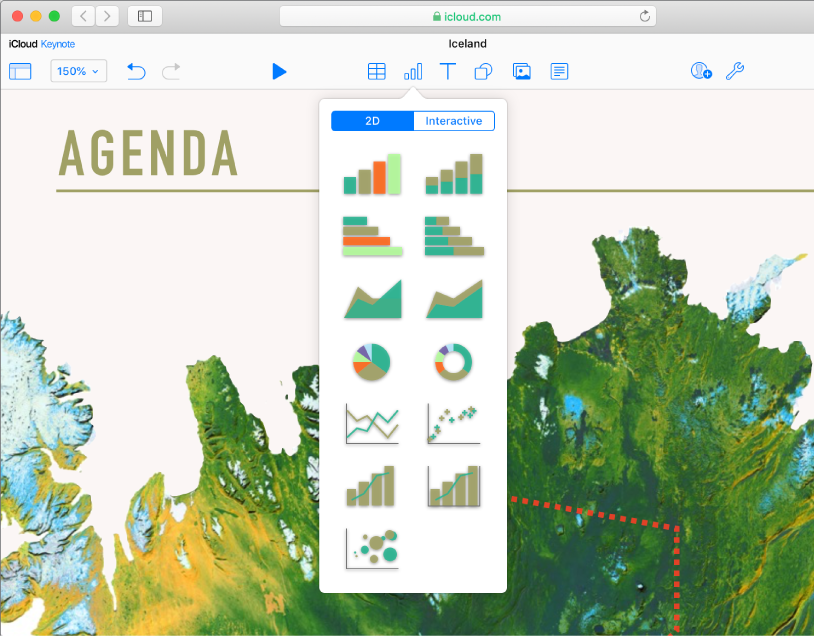 The Tables, Charts, Text, Shapes and Image object buttons appear in the toolbar. The Charts pop-up menu is open, with 2D and Interactive buttons at the top. The 2D button is selected, and a variety of 2D charts thumbnails are shown to choose from.