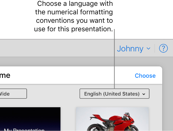 The pop-up menu on the top-right side of the theme chooser with English (United States) selected.