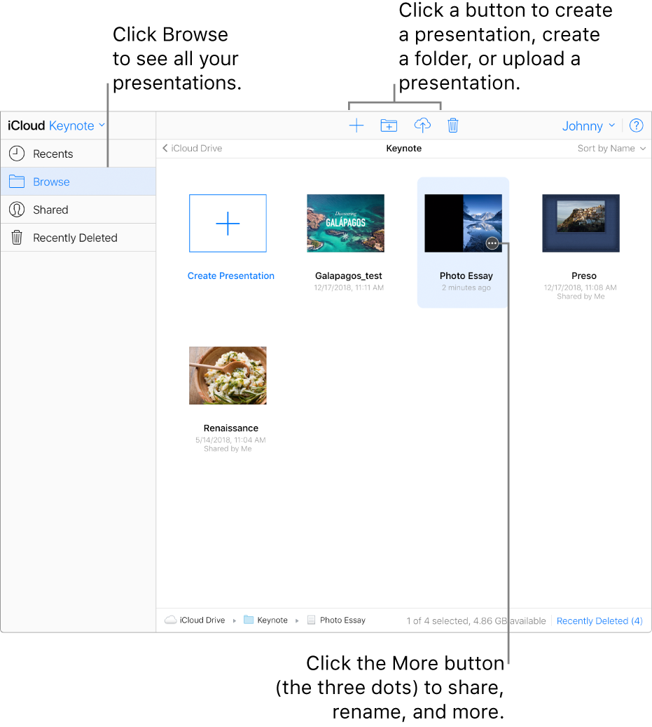 The presentation manager in browse view. Callouts point to the More button on a presentation, and the create new presentation, new folder, and upload buttons in the toolbar.