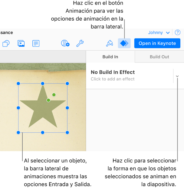 Hay un objeto seleccionado en la diapositiva, el botón Animar está seleccionado en la barra de herramientas y se muestra el efecto "Ningún efecto de salida" en el menú desplegable Entrada, en la barra lateral.
