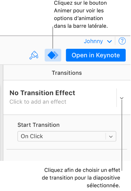 Le bouton Animer est sélectionné dans la barre d’outils et « Aucun effet de composition de sortie » s’affiche dans le menu local Transitions de la barre latérale.