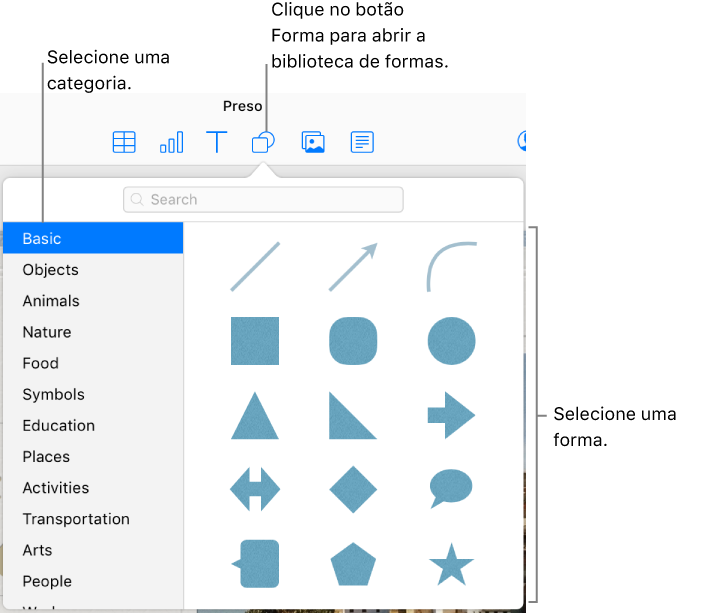 A biblioteca de formas está aberta abaixo do botão Forma na barra de ferramentas. A categoria Básica é selecionada à esquerda, e algumas formas comuns (incluindo círculos, quadrados e linhas) são exibidas à direita.