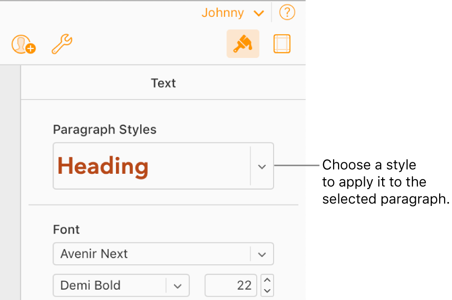 The Paragraph Styles pop-up menu in the Format sidebar. The Heading paragraph style, in a red, bold font, is selected.