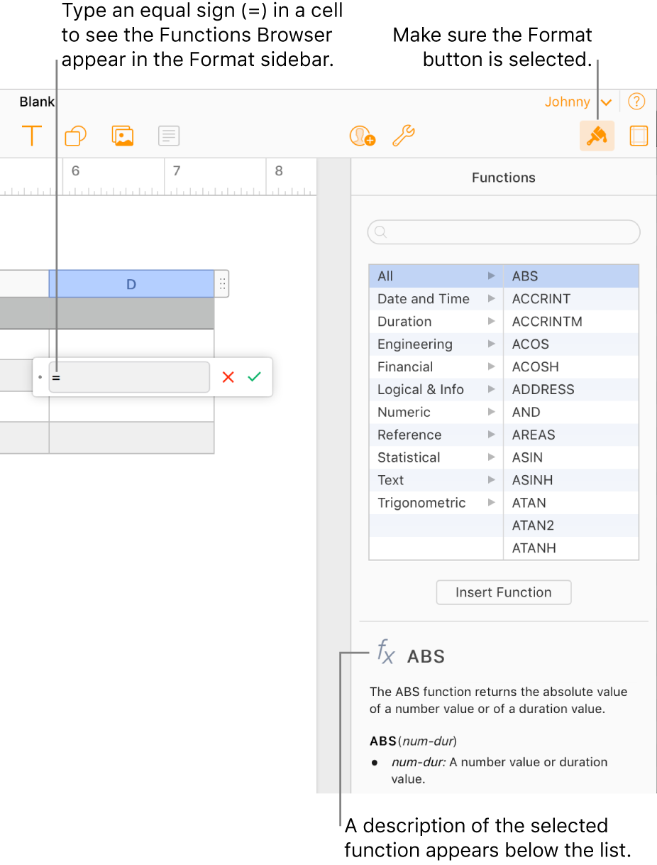 The formula editor appears over a cell with an equal sign in it, and the Functions Browser in the Format sidebar shows the available functions. A description of the selected function appears below the functions in the sidebar.